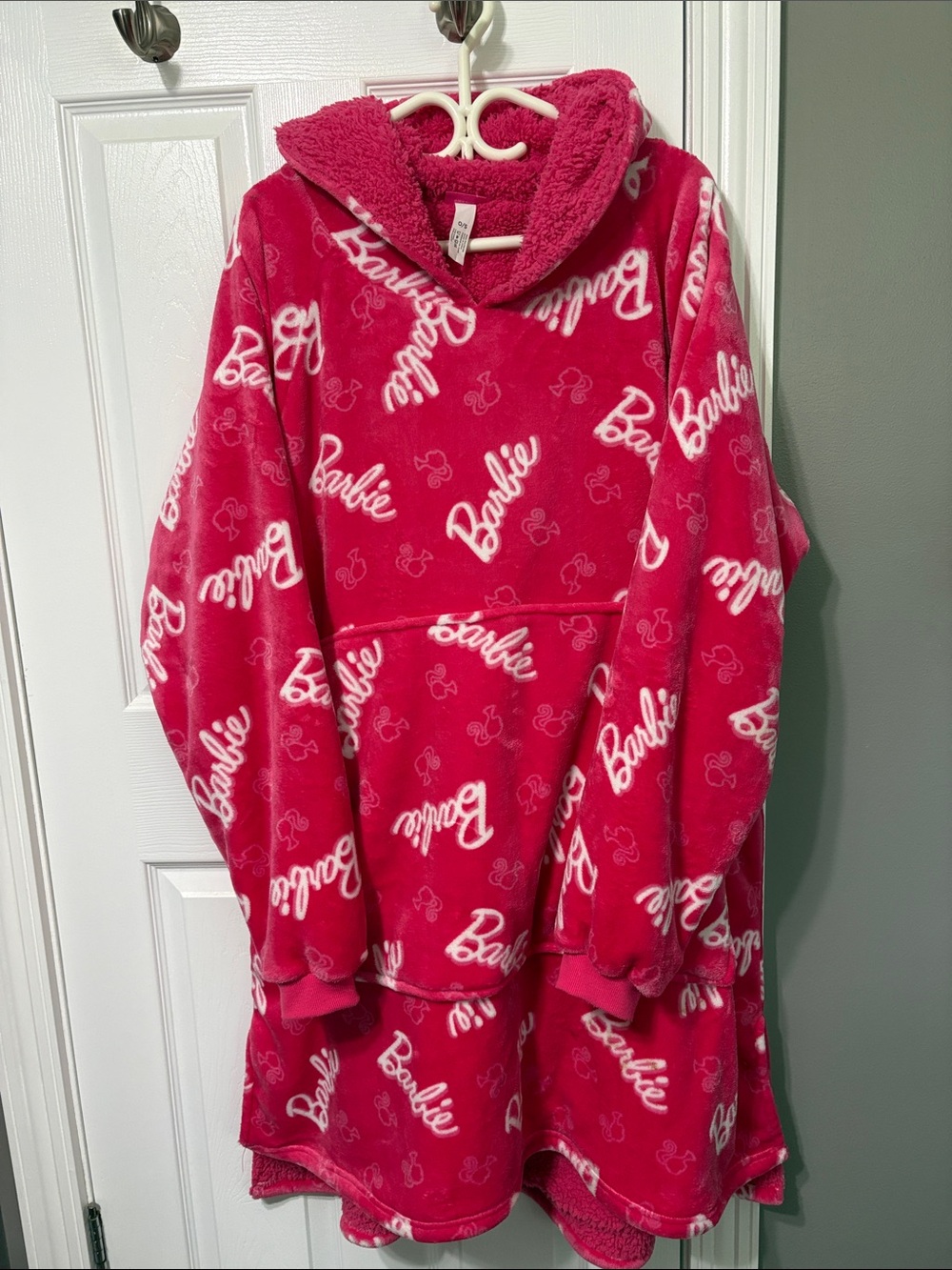 Barbie Pink Oversized Plush Hooded Sleepshirt in Hot Pink with White Logo